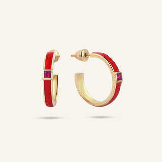 Disc Yakut Taşlı Kırmızı Mine Halka Küpe