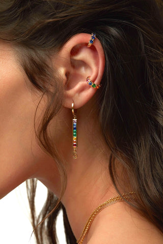 Rainbow S Initial Multicolor Gemstone Drop Earring in Yellow Gold