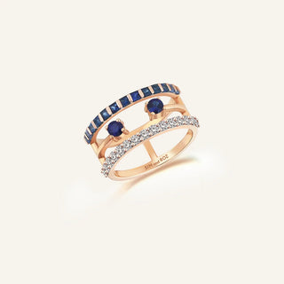 Üçlü Bant Kırmızı Altın Safir Taşlı Pırlanta Yüzük