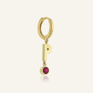 Gold P Initial & Ruby Earring